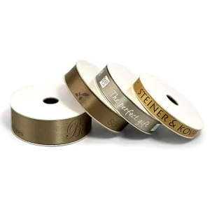 100% Polyester Satin Custom Logo Printed Brown Ribbon Gold Foil Printed Single Face for Personalised Decorative Gifts