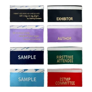 100% Polyester Single Face Gold Foil Printed Horizontal Stackable Badge Ribbons Self Adhesive Custom Color Satin Ribbon Logo