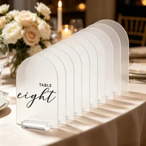 10Pcs Blank Frosted Arched Acrylic Signage with Transparent Holders DIY Custom Table Number for Wedding Event Table Decoration