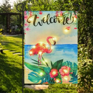 12*18inch Double Sided Small Polyester Led Lighted Garden Flag Banner Solar Flamingo Led Lighted Garden Flags