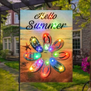 12*18inch Double Sided Small Polyester Linen Solar Led Lighted Banner Summer Slipper Sandbeach Led Lighted Garden Flag