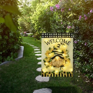 12*18inch Double Sided Small Polyester Linen Solar Led Lighted Banner Welcome Garden Gnomes Led Lighted Garden Flag