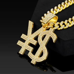 14K Gold Plated Iced Out $ Money Symbol Letter Pendant Necklace CZ Paved Cuban Link Chain Hip Hop Jewelry for Unisex Party