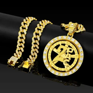 14K Gold Plated Zinc Alloy Spinning 2Pac Letter Pendant Necklace Iced Out Cuban Link Chain Hip Hop Jewelry for Party