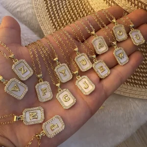 18K Gold Plated Stainless Steel Initial Letter Necklace Shell Inlaid Crystal Square Pendant Personalized Alphabet Women Jewelry