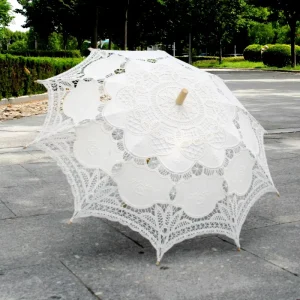 19 Inches 10 Ribs Umbrellas for Wedding White Lace Manual Open Sunshade Wooden Handle Parasol Custom Logo Straight Umbrella