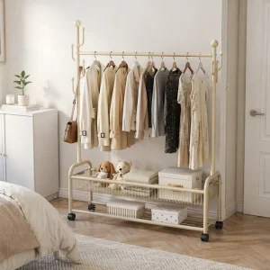 2 Layer Double Rod Telescopic Multifunctional Eco Friendly Movable Modern Clothes Rack Bag Drying Bedding Shoes