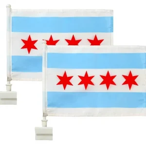 2 Pack Chicago Double Sided Polyester Car Flags with 17″ Flag Pole Outdoor Use Window Clip Fits Most Cars