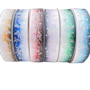 2.5cm Double Face Gradient Laser Logo Ornament Bow DIY Decoration Ribbon 100% Polyester for Gift Ribbon Packaging
