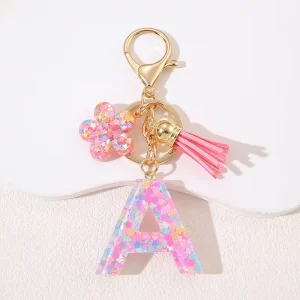 26 Letter Metal Keychain Drop Glue Sequin Flower Initial Bag Hanging Ornament for Women’s Keyring & Bag Accessory