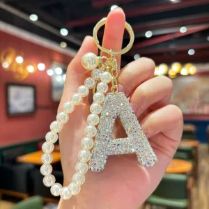 26 Letters Rhinestone Keychain Crystal Alphabet Charm with Pearl Chain for Women
