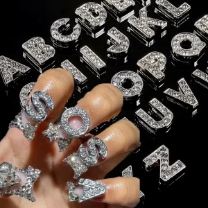 26Pcs 3D Silver Diamond Letter Nail Art Charms Luxury Alloy Mixed 26 Alphabet Crystal Rhinestones Metal Tips Decorations