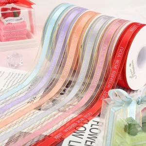 2cm Striped Golden Edge Ink Screen Printing Organza Ribbon with Logo Eco Friendly for Christmas Halloween