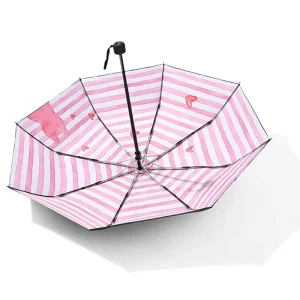 3-Fold Compact Pink Blue Striped Print Sun Parasol Manual Control Foldable Umbrella for Women for Business Gifts