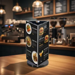 3 Sided Rotating Eco Friendly Acrylic Foldable Table Sign Triangle Stand Easy Assembly Quick Insert Desktop Price Card Display
