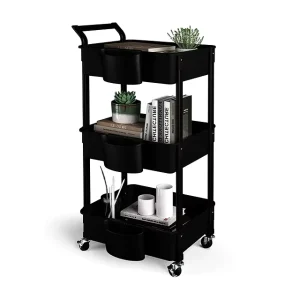 3 Tier Metal Iron Utility Cart Rolling Storage Shelves for Kitchen Living Room Garage Bathroom Rectangle Design Multifunction