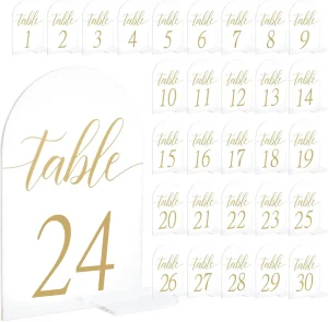 30 Sets Arch Acrylic Sign Gold Printed 1-30 Table Signs with Stands Calligraphy Clear Table Number Display Stand for Wedding