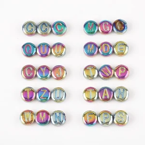 30Pcs Pack Metallic Crystal Colorful Alphabet A Z Letter Loose 10mm Flat Round Glass Beads for Bracelets Jewelry Kids Crafts