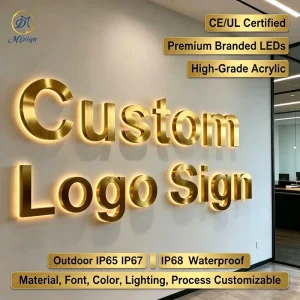 3D Outdoor Advertising Sign Acrylic Stainless Steel Laser Cut LED Logo Gold Brushed Metal Backlit Letters Sign for Business