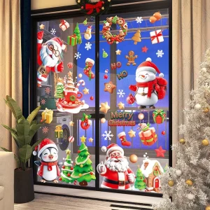 3D Santa Reindeer Static Cling Christmas Window Decor Stickers Glue Free Self Adhesive Glass Door Decals
