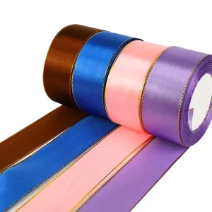 4CM x 25Y Bright Polyester Ribbon Pure Color Satin Ribbon Roll with Gold Edge