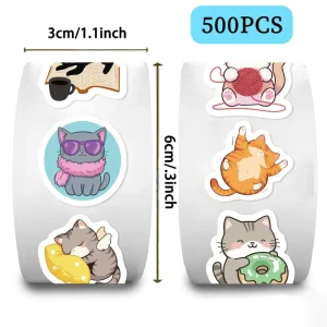 500 Sheets Roll by Roll Waterproof UV Sticker Cartoon Cat Sticker Journaling Supplies