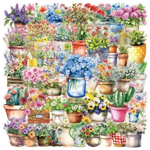 50PCS Transparent floral watercolor flower Bonsai potted plant sticker