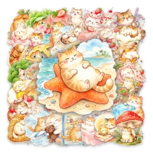 50PCS Transparent watercolor sleeping kitty naughty cat sticker