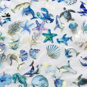 50pcs a Set Blue Ocean Marine Animal Clear PET Stickers Underwater Sea Creature Transparent Decorative Decals for DIY Craft Gift