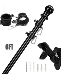 6FT Black Indoor Ceremonial Flagpole Stainless Steel Waterproof Outdoor Flag Pole Holder Top and Pulley for Outside