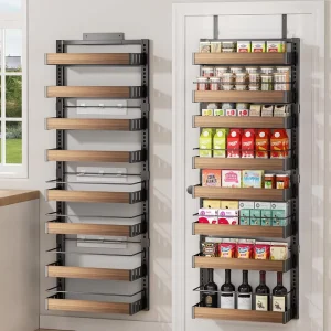 8 Tier Over the Door Pantry Organizer 2 in 1 Wall Mount or Hanging Spice Rack Seasoning Shelves with Adjustable Basket