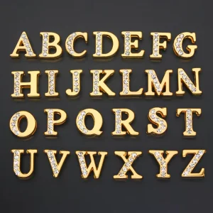 8mm Gold Alloy Metal Slide Letter Charms for Fashion Wristband Bracelet Letters Half Rhinestone Crystal Pendants Jewelry