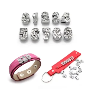 8mm Zinc Alloy Slide Charms Alloy Rhinestone Letters Charm Crystal Digital String for DIY Bracelet Making Jewelry