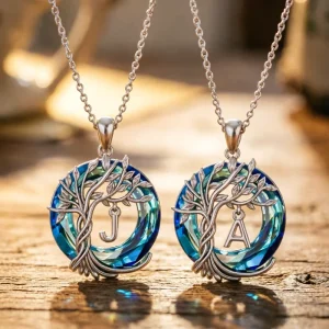 925 Silver Plated Life Tree Initial Round Blue Austrian Crystal Women’s Pendant Customizable for Personalization Ideal As a Gift