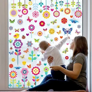 99Pcs Window Clings Flower Butterfly for Glass Windows Gel Window Clings for Kids Window Stickers for Kids Home
