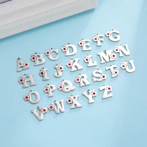 A Z 26 Red Crystal Diamond Flower Shape Initial Letter Pendant Alphabet Charm Stainless Steel DIY Jewelry Accessories