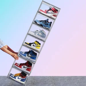 Acrylic Shoe Display Box Stackable Transparent Storage Bin Magnetic Front Door Airtight Drop Front Clear Plastic Case