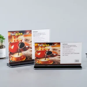 Acrylic T Shape Sign Holder Double Sided Tabletop Pull Out Display Stand with Black Base for Restaurant Store Hotel