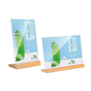 Acrylic Table Sign Horizontal Vertical Freestanding Desktop Display Stand with Beech Wood Base for Conference Meeting Room