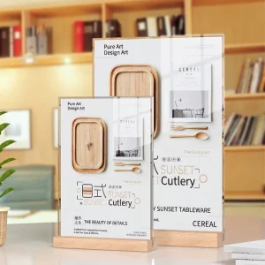Acrylic Transparent Square Beech Wood Digital Printed Heat Transfer Printed Table Card Display Stand Menu Sign Holder Price Tag