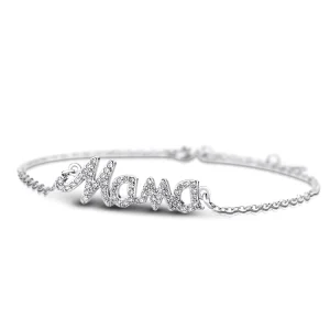 Adjustable 925 Sterling Silver Mama Letter Bangle with Clear Zircon Ideal Mother’s Day Gift Everyday Stackable Bracelet