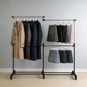 Adjustable Double Rod Rolling Metal Clothes Rack Space Saving Freestanding Garment Rack with Wheels