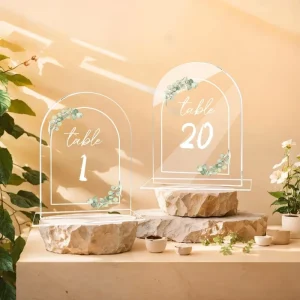 Arch Portable Wedding Acrylic Floor Standing Table Signs with Clear Background White Text Eco Friendly Indoor Use Easy Assembly