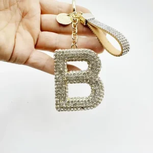 B Letter Full Rhinestone Keychain Crystal Pu Leather Strap Bag Charm Spring Ring Car Key Pendant Gift Accessory