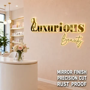Beauty Backlit Logo Sign Custom Mirror Gold LED 3D Metal Letters for Salon Wall