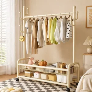 Bedroom Living Room Thickened Metal Double Rods Storage Shelves Rust proof Clothes Organizer with Wheels