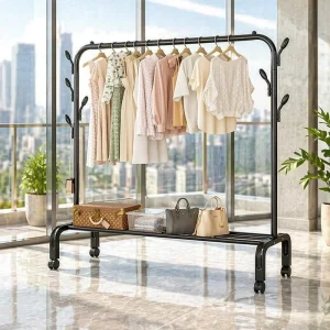 Bedroom Simple Wardrobe Movable Double Tier Metal Clothes Organizer Thickened Vertical Rack for Drying Clothing Floor Standing