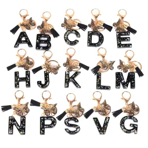 Best Seller Crystal Drop Glue Stone Gold Foil Letter Key Chain Fashion Bag Accessories Fringe Pendant Resin Key Chain Charm