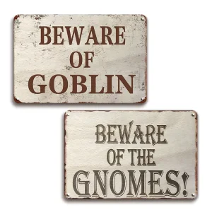 Beware Goblin Gnome Metal Plate Whimsical Garden Decor