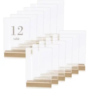 Blank Acrylic Table Sign with Wooden Stands Clear Acrylic Tabletop Sign with Holder for Wedding Reception Banquet Decor